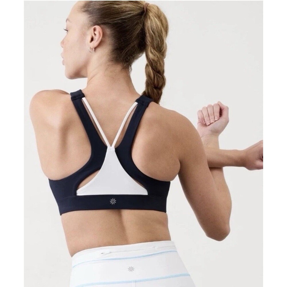 Athleta Sports Bra Flex Spacer Tipped Womens XS Blue Longline Strappy Workout
